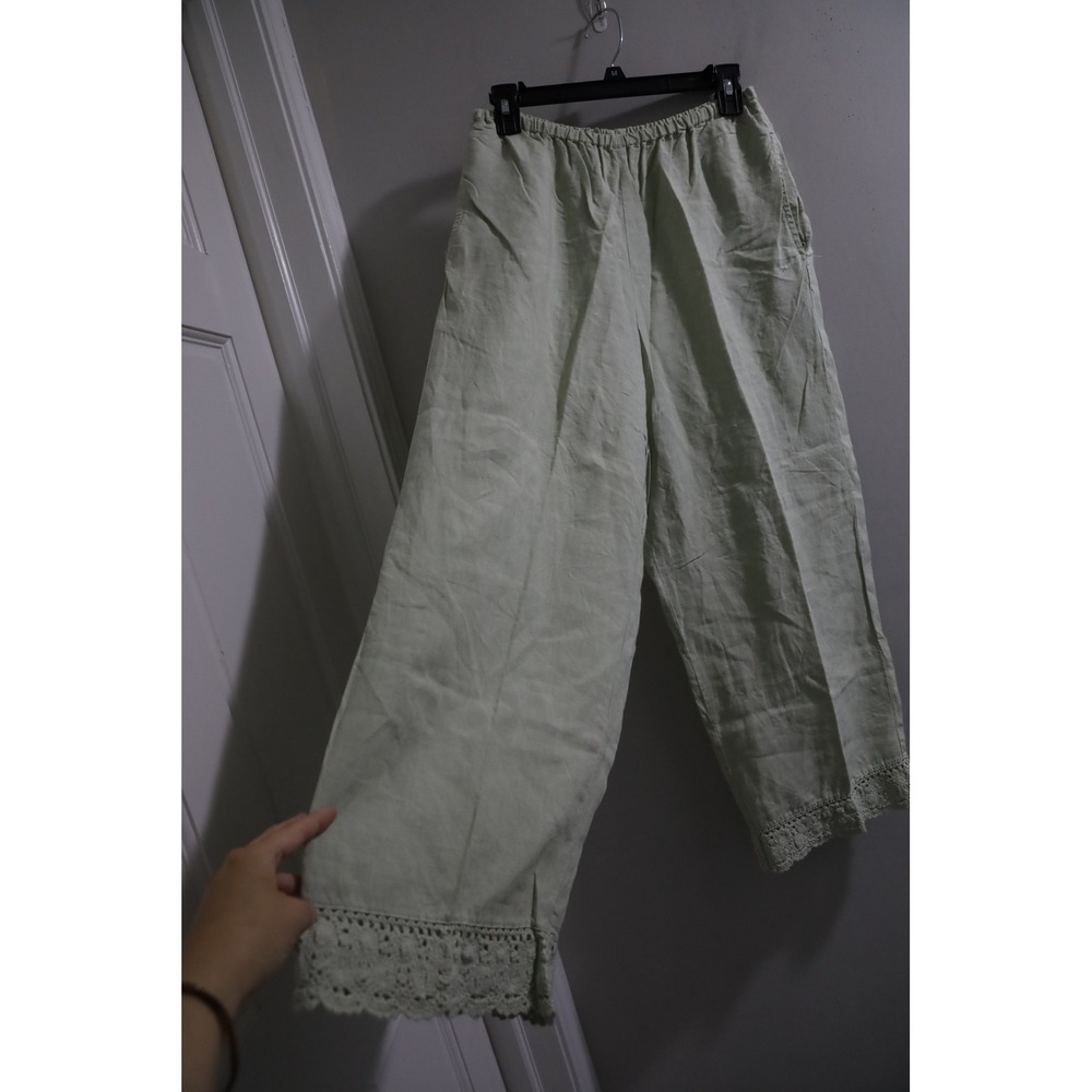 CP Shades Sausalito Sage Green 100% Linen Wide Leg Crochet Lace Pants Womens M - Picture 2 of 7